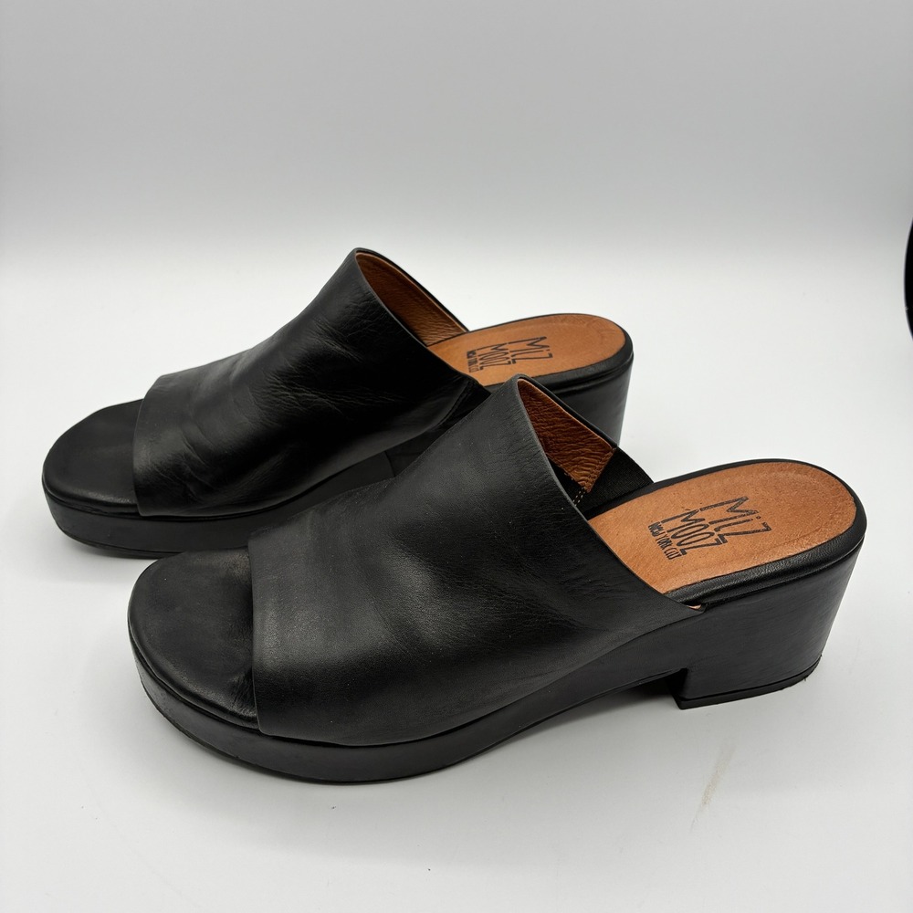 Miz Mooz Slide Sandals Womens 40 US 9 Black Leather Platform Chunky Heel Shoes